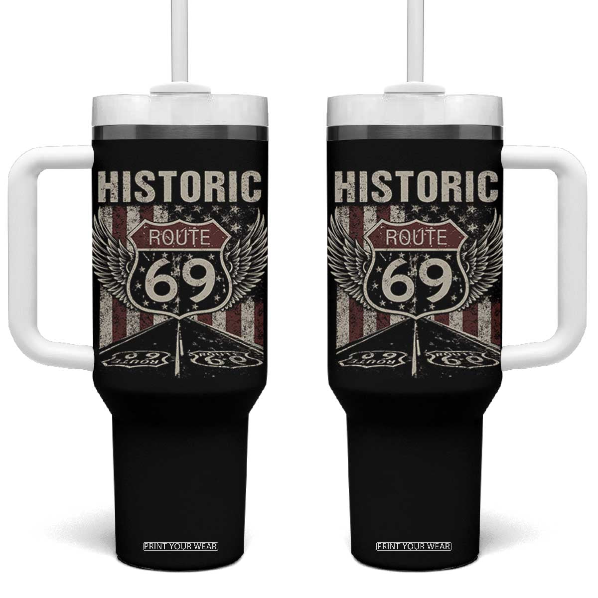 Historic Route 69 Highway Road Tumbler With Handle Americana Vintage USA Flag TS11 One Size: 40 oz Black Print Your Wear