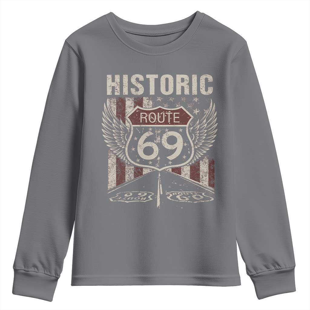 Historic Route 69 Highway Road Youth Sweatshirt Americana Vintage USA Flag TS11 Charcoal Print Your Wear