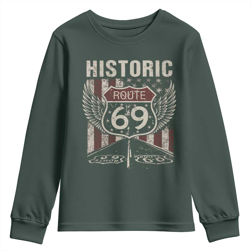 Historic Route 69 Highway Road Youth Sweatshirt Americana Vintage USA Flag TS11 Dark Forest Green Print Your Wear