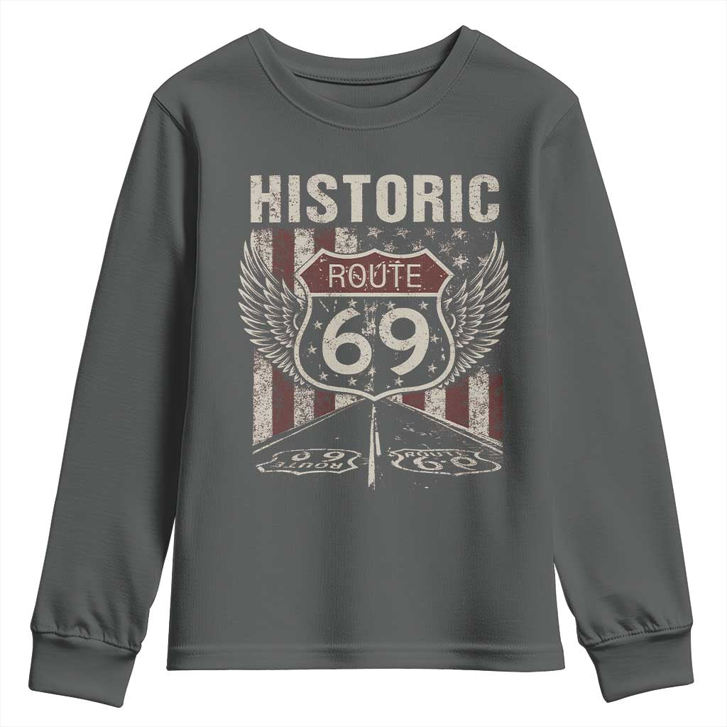 Historic Route 69 Highway Road Youth Sweatshirt Americana Vintage USA Flag TS11 Dark Heather Print Your Wear