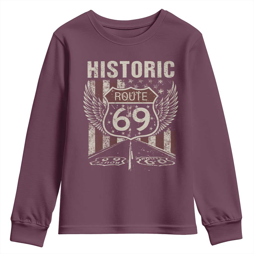 Historic Route 69 Highway Road Youth Sweatshirt Americana Vintage USA Flag TS11 Maroon Print Your Wear
