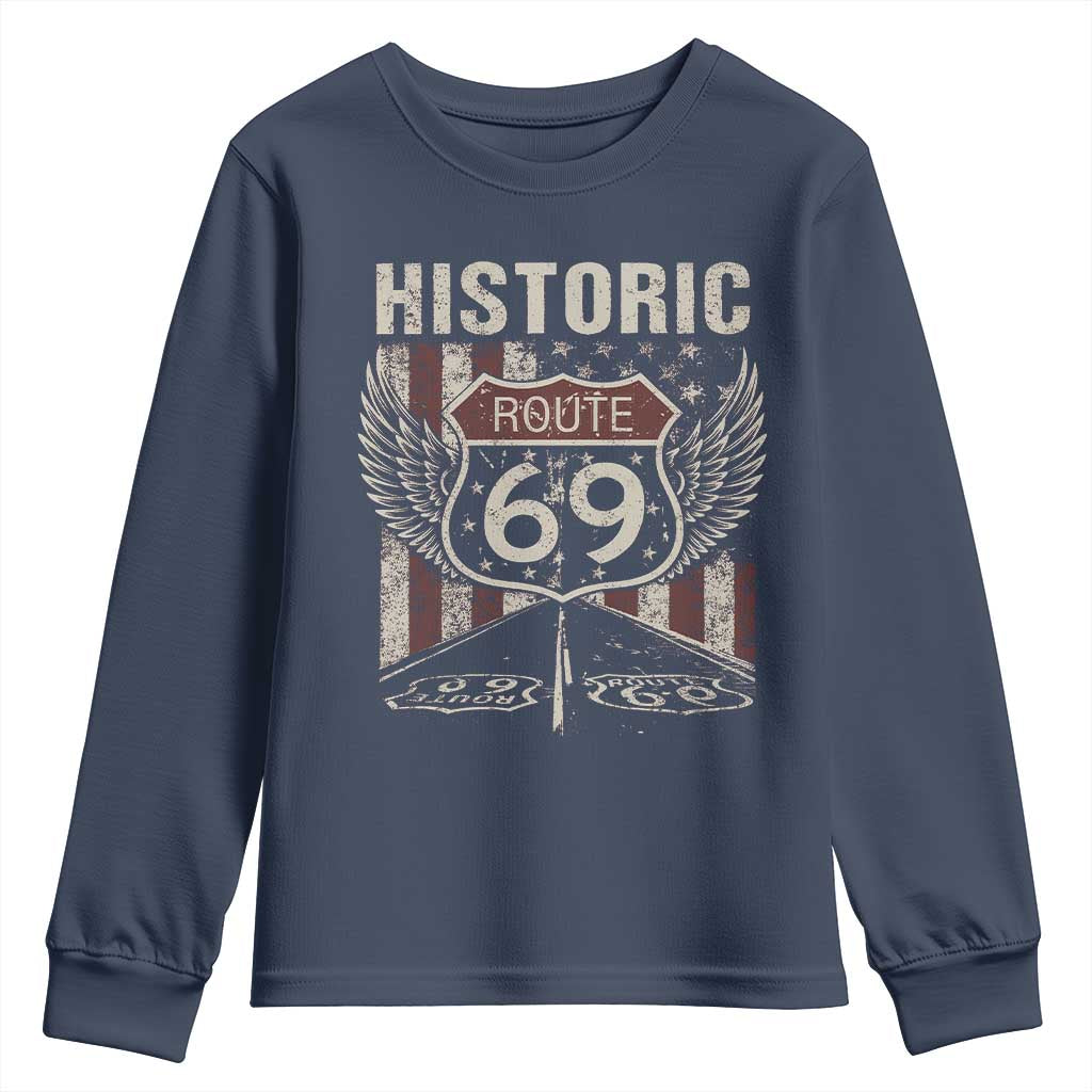 Historic Route 69 Highway Road Youth Sweatshirt Americana Vintage USA Flag TS11 Navy Print Your Wear