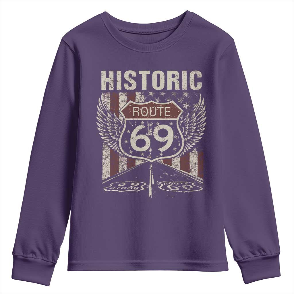 Historic Route 69 Highway Road Youth Sweatshirt Americana Vintage USA Flag TS11 Purple Print Your Wear