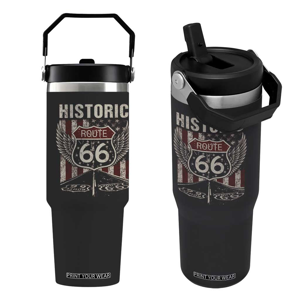 Historic Route Highway 66 Flip Straw Tumbler Vintage American Flag TS11 One Size: 30 oz Black Print Your Wear