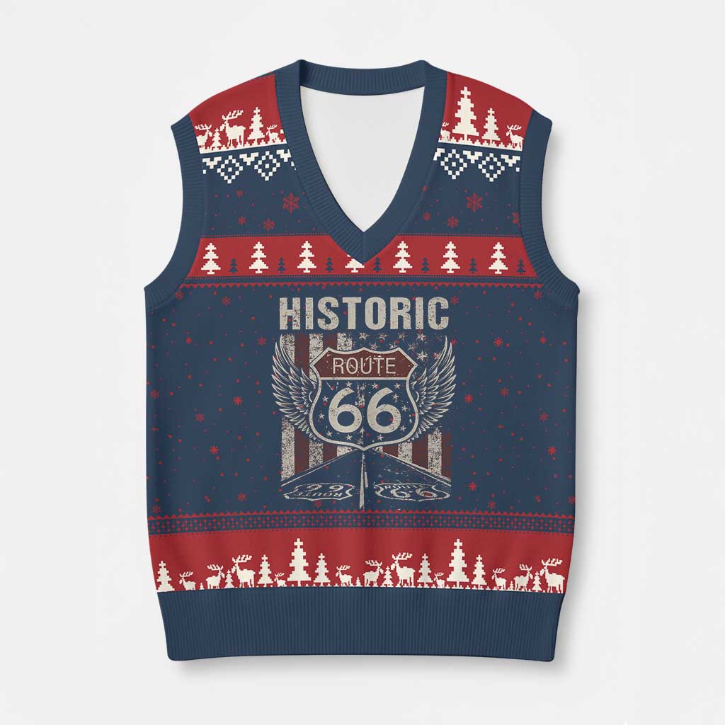 Historic Route Highway 66 V-Neck Knit Sweater Vest Vintage American Flag TS11 Navy Red Print Your Wear