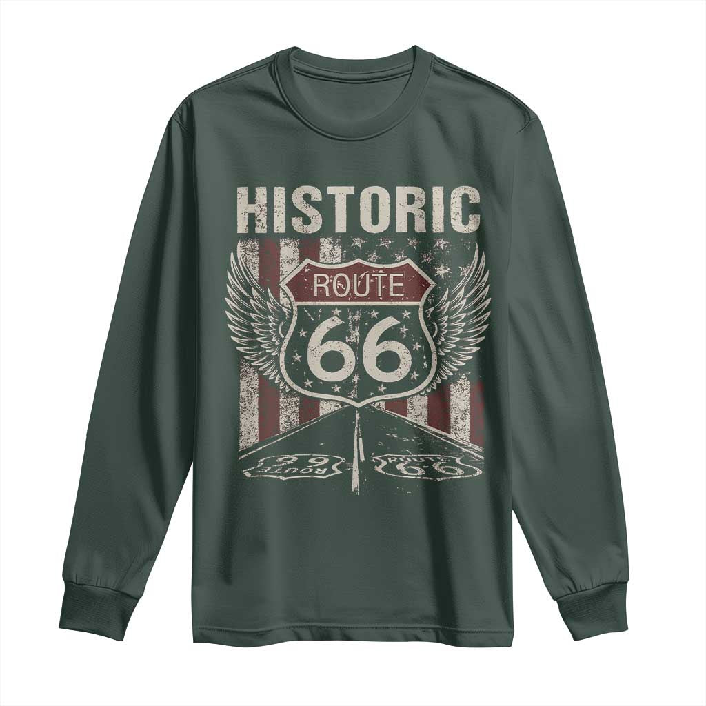 Historic Route Highway 66 Long Sleeve Shirt Vintage American Flag TS11 Dark Forest Green Print Your Wear
