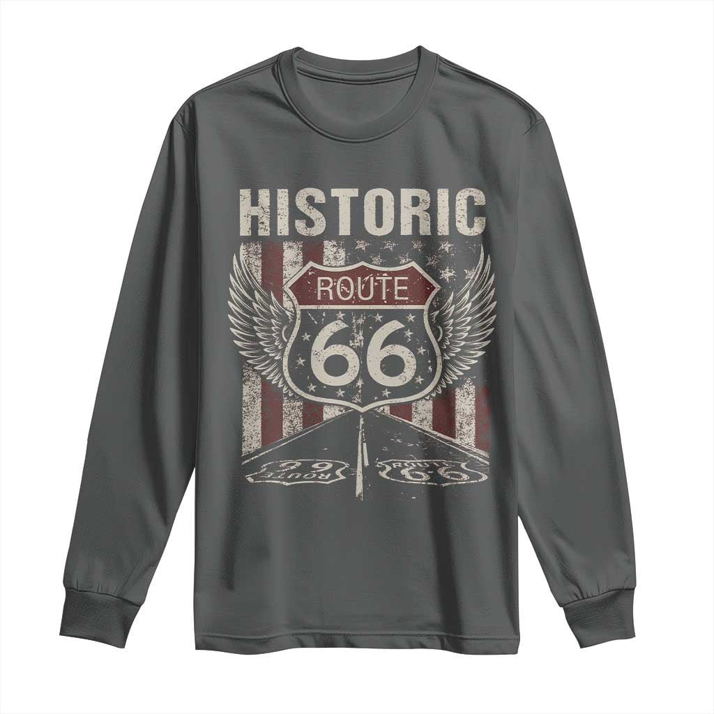 Historic Route Highway 66 Long Sleeve Shirt Vintage American Flag TS11 Dark Heather Print Your Wear