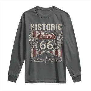 Historic Route Highway 66 Long Sleeve Shirt Vintage American Flag TS11 Dark Heather Print Your Wear