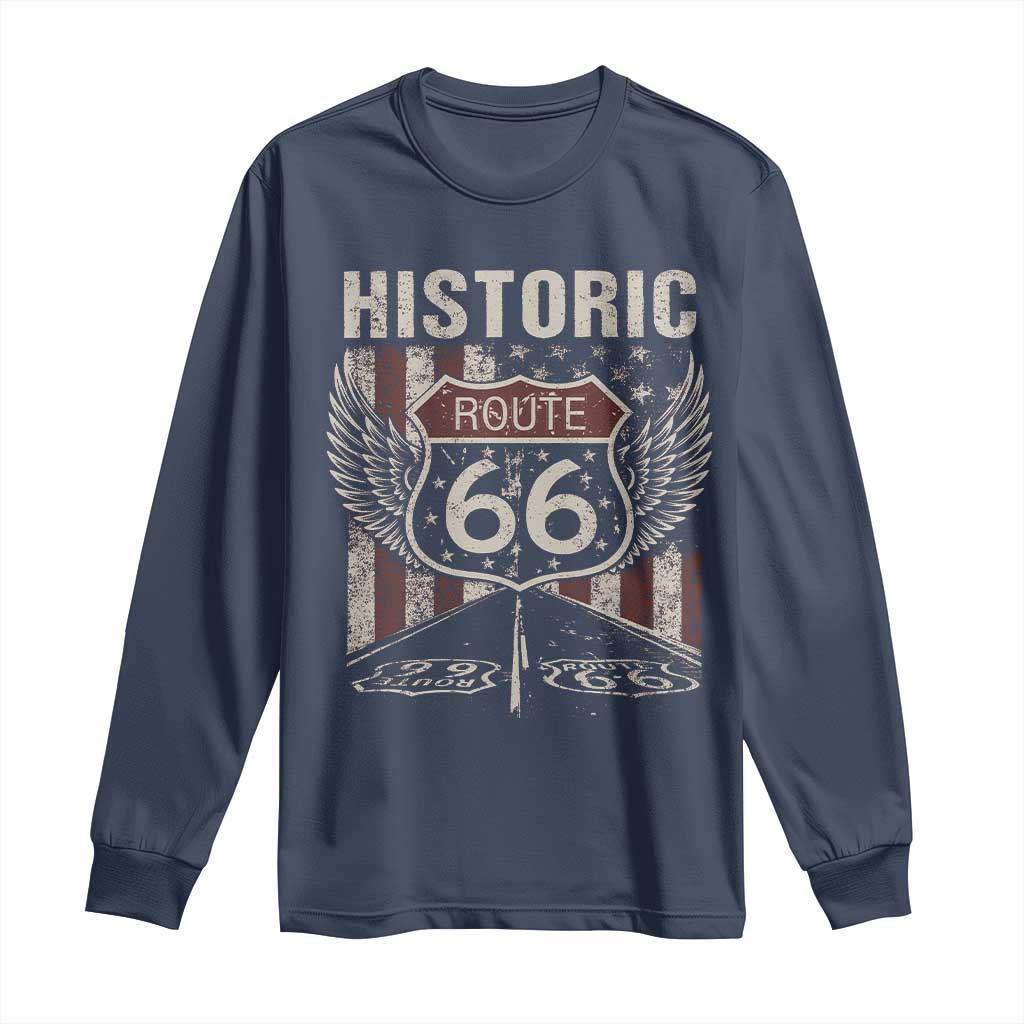 Historic Route Highway 66 Long Sleeve Shirt Vintage American Flag TS11 Navy Print Your Wear