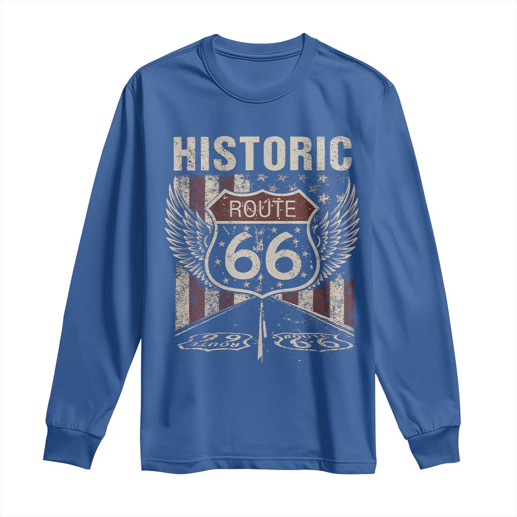 Historic Route Highway 66 Long Sleeve Shirt Vintage American Flag TS11 Royal Blue Print Your Wear