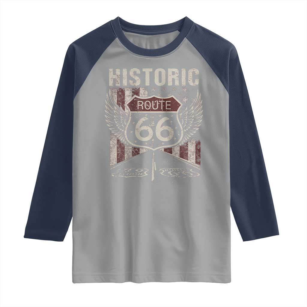 Historic Route Highway 66 Raglan Shirt Vintage American Flag TS11 Sport Gray Navy Print Your Wear