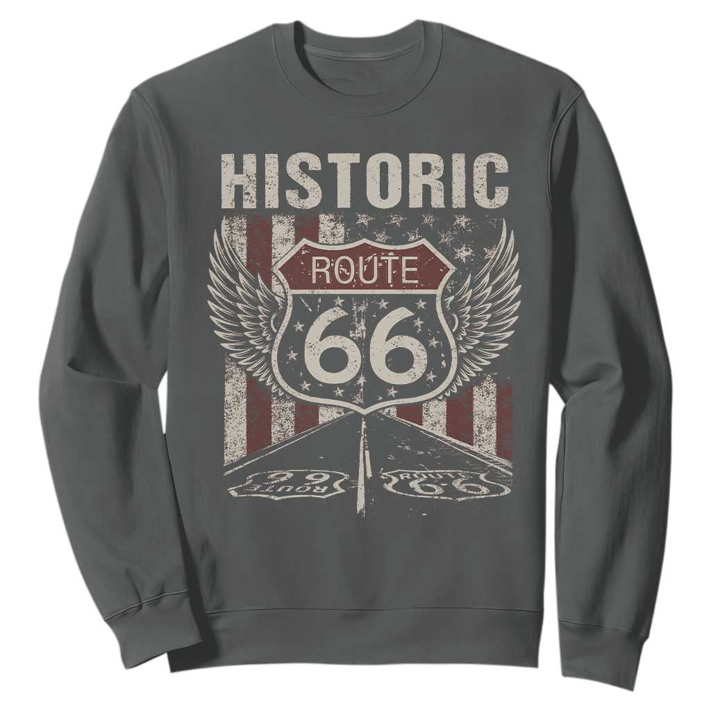Historic Route Highway 66 Sweatshirt Vintage American Flag TS11 Dark Heather Print Your Wear