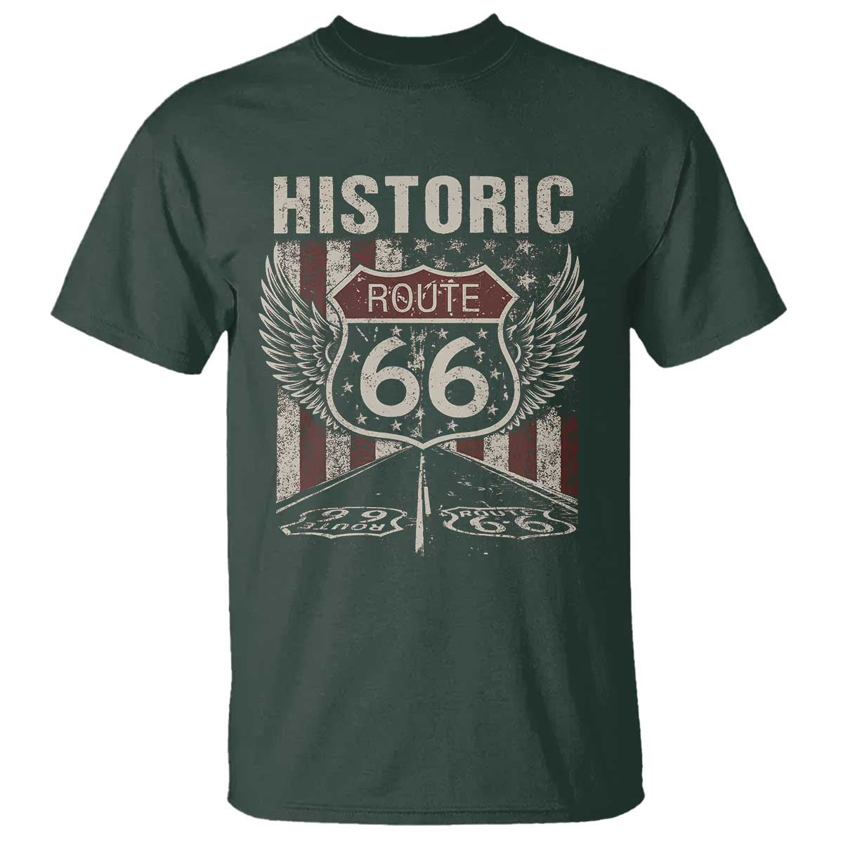 Historic Route Highway 66 T Shirt Vintage American Flag TS11 Dark Forest Green Print Your Wear