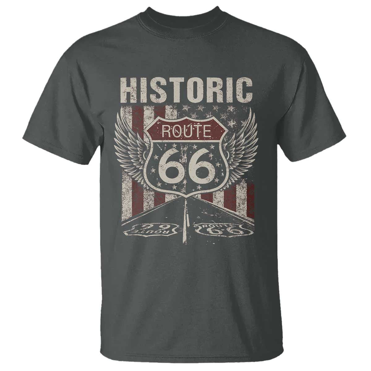 Historic Route Highway 66 T Shirt Vintage American Flag TS11 Dark Heather Print Your Wear