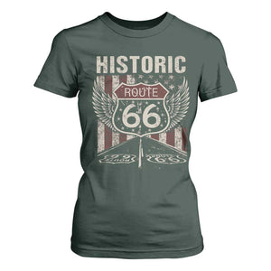Historic Route Highway 66 T Shirt For Women Vintage American Flag TS11 Dark Forest Green Print Your Wear