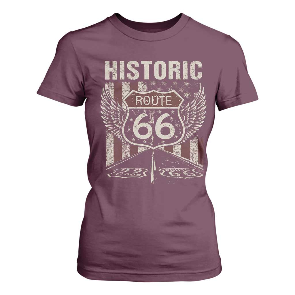 Historic Route Highway 66 T Shirt For Women Vintage American Flag TS11 Maroon Print Your Wear
