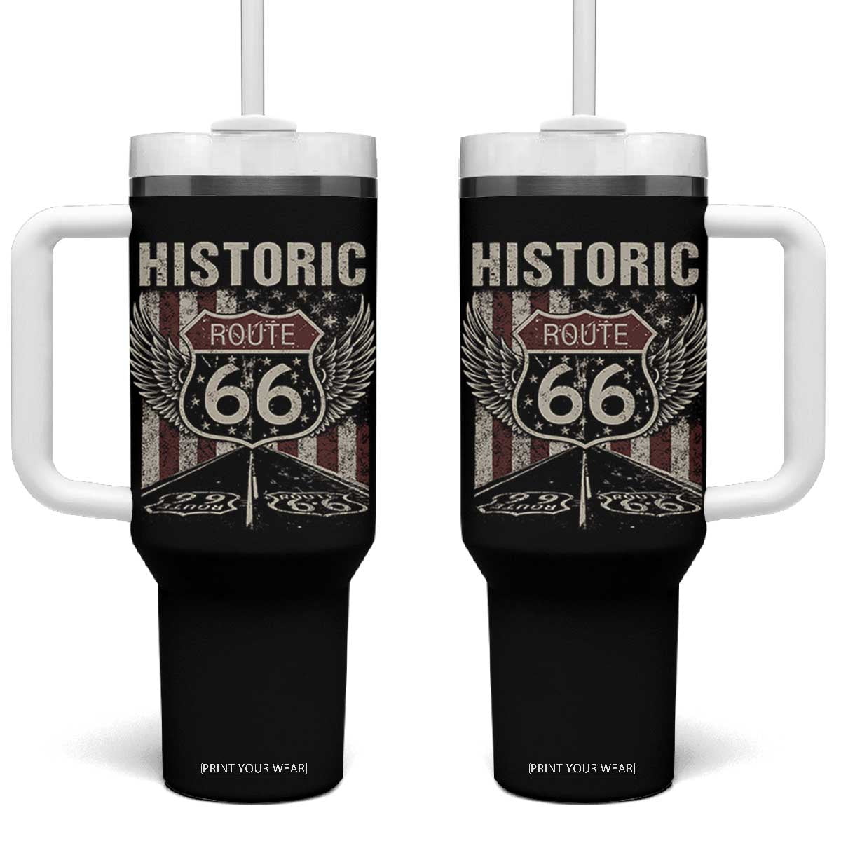 Historic Route Highway 66 Tumbler With Handle Vintage American Flag TS11 One Size: 40 oz Black Print Your Wear