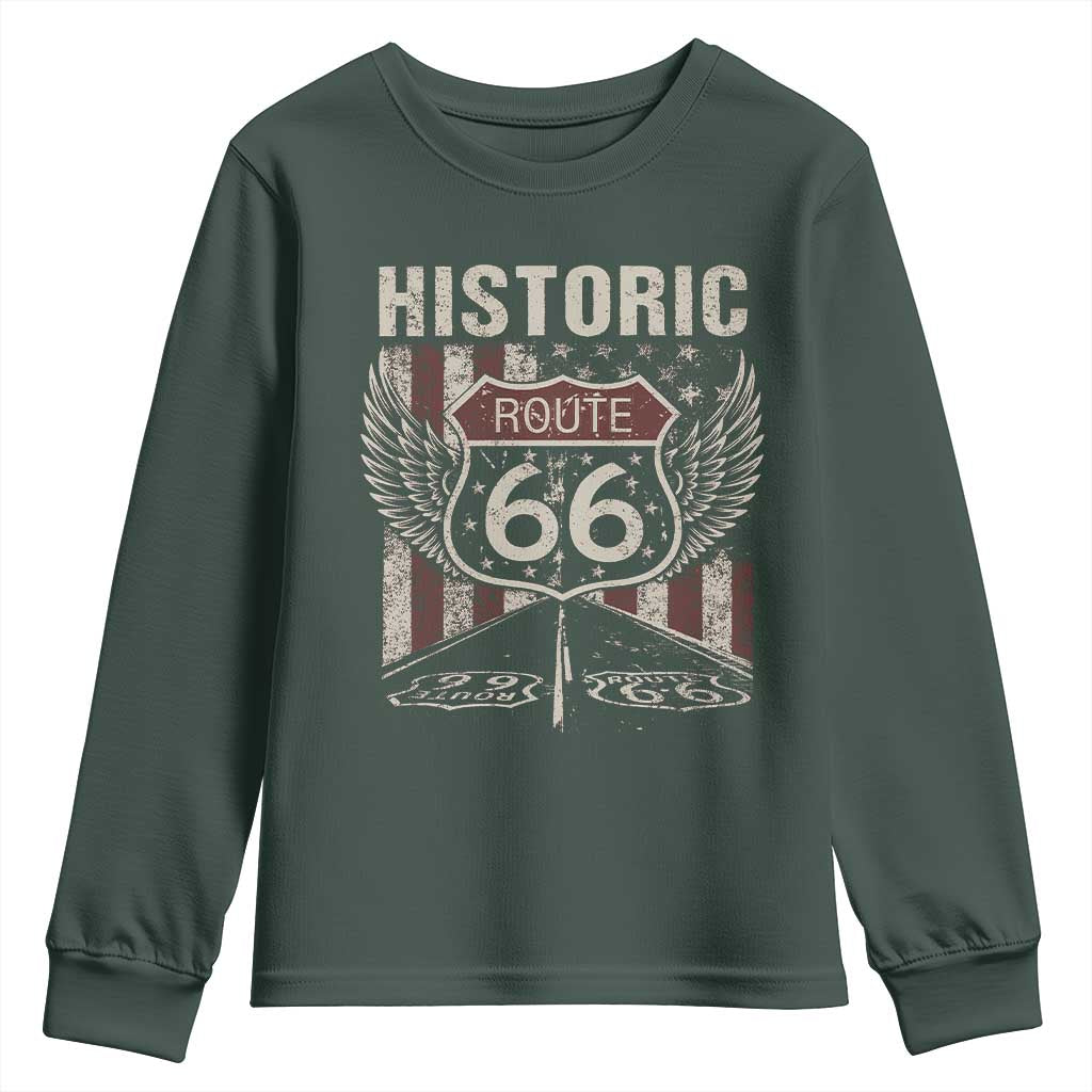 Historic Route Highway 66 Youth Sweatshirt Vintage American Flag TS11 Dark Forest Green Print Your Wear