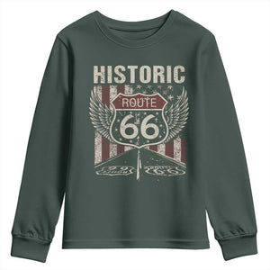 Historic Route Highway 66 Youth Sweatshirt Vintage American Flag TS11 Dark Forest Green Print Your Wear
