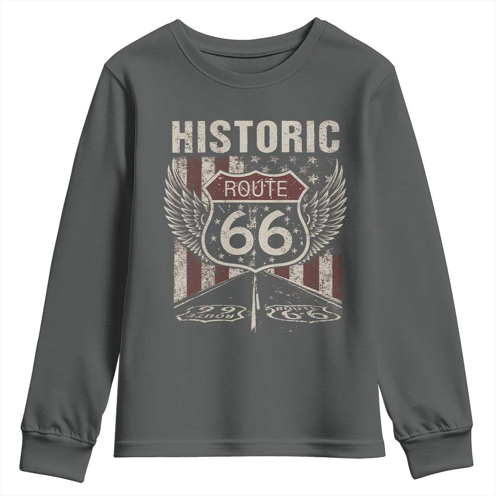 Historic Route Highway 66 Youth Sweatshirt Vintage American Flag TS11 Dark Heather Print Your Wear
