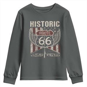Historic Route Highway 66 Youth Sweatshirt Vintage American Flag TS11 Dark Heather Print Your Wear
