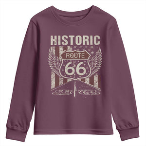 Historic Route Highway 66 Youth Sweatshirt Vintage American Flag TS11 Maroon Print Your Wear