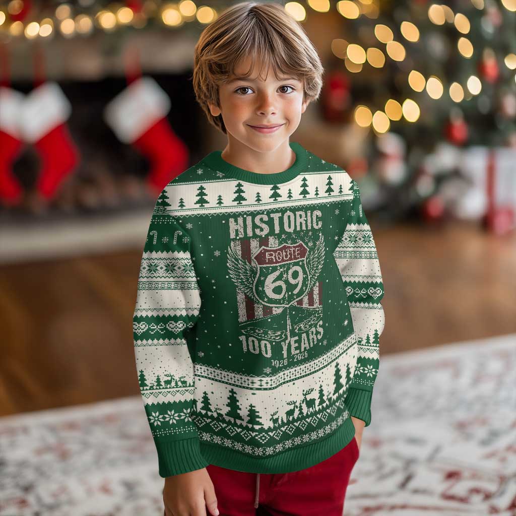 Historic US Route 69 100 Years Anniversary Ugly Christmas Sweater Highway Road Sign Wings Vintage American Flag TS11 Forest Green Beige Print Your Wear