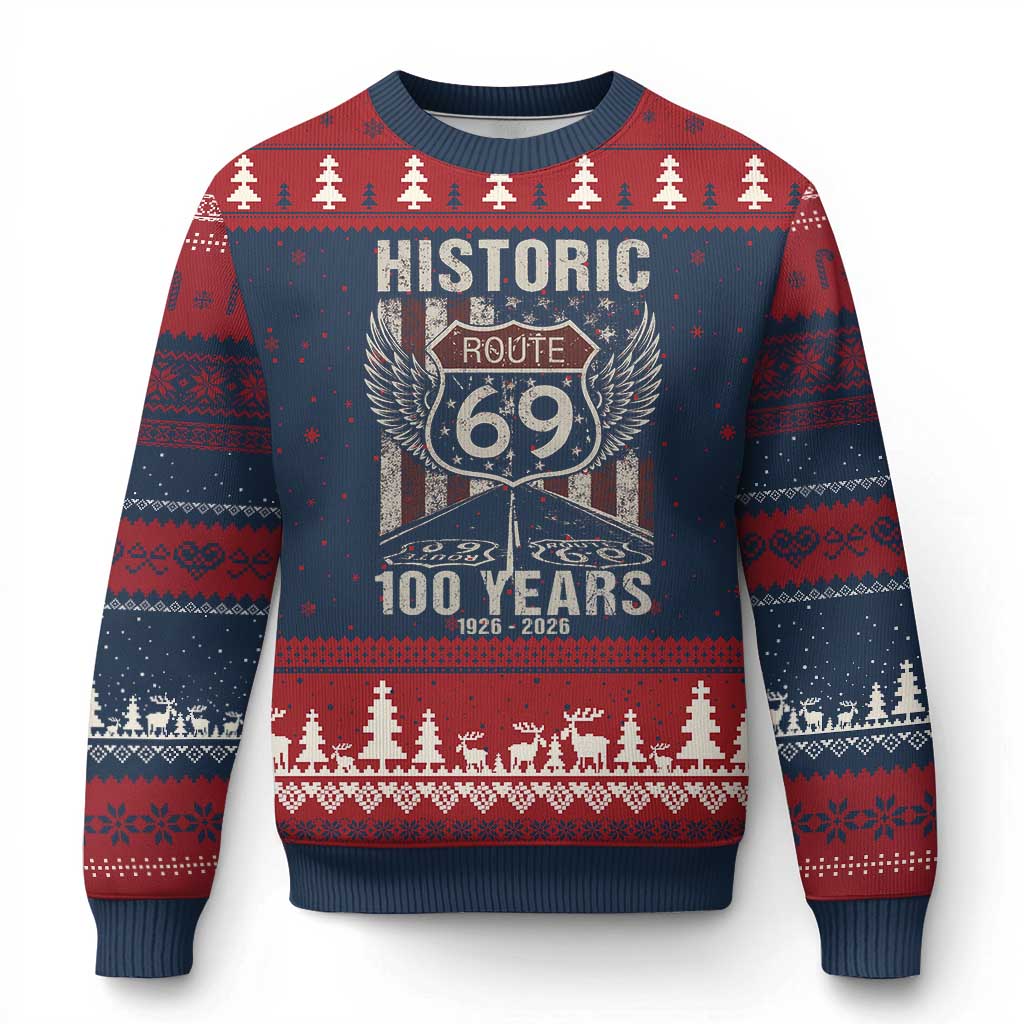 Historic US Route 69 100 Years Anniversary Ugly Christmas Sweater Highway Road Sign Wings Vintage American Flag TS11 Navy Red Print Your Wear