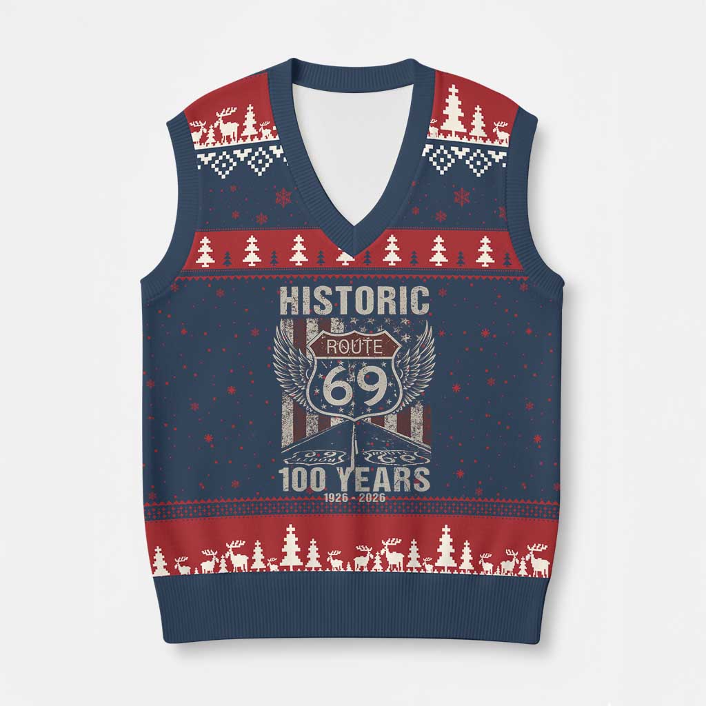 Historic US Route 69 100 Years Anniversary V-Neck Knit Sweater Vest Highway Road Sign Wings Vintage American Flag TS11 Navy Red Print Your Wear