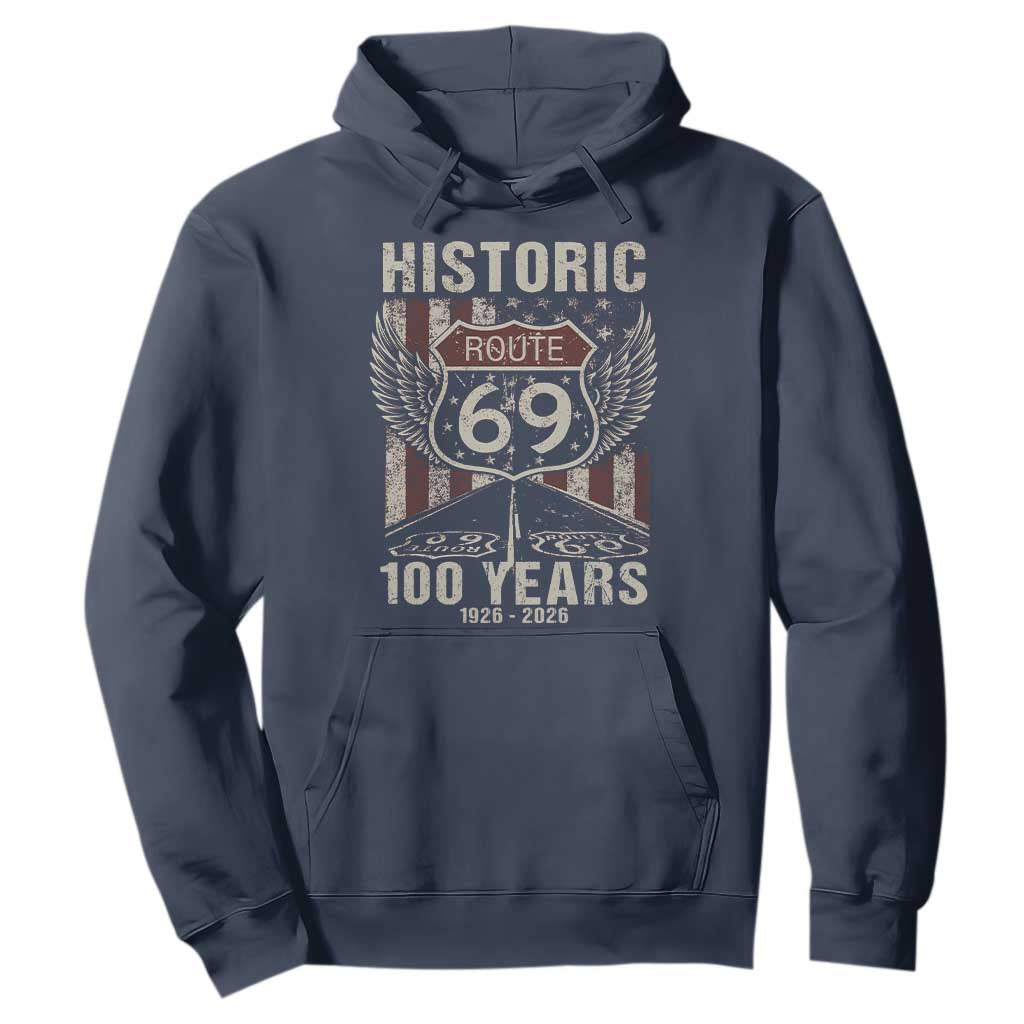 Historic US Route 69 100 Years Anniversary Hoodie Highway Road Sign Wings Vintage American Flag TS11 Navy Print Your Wear