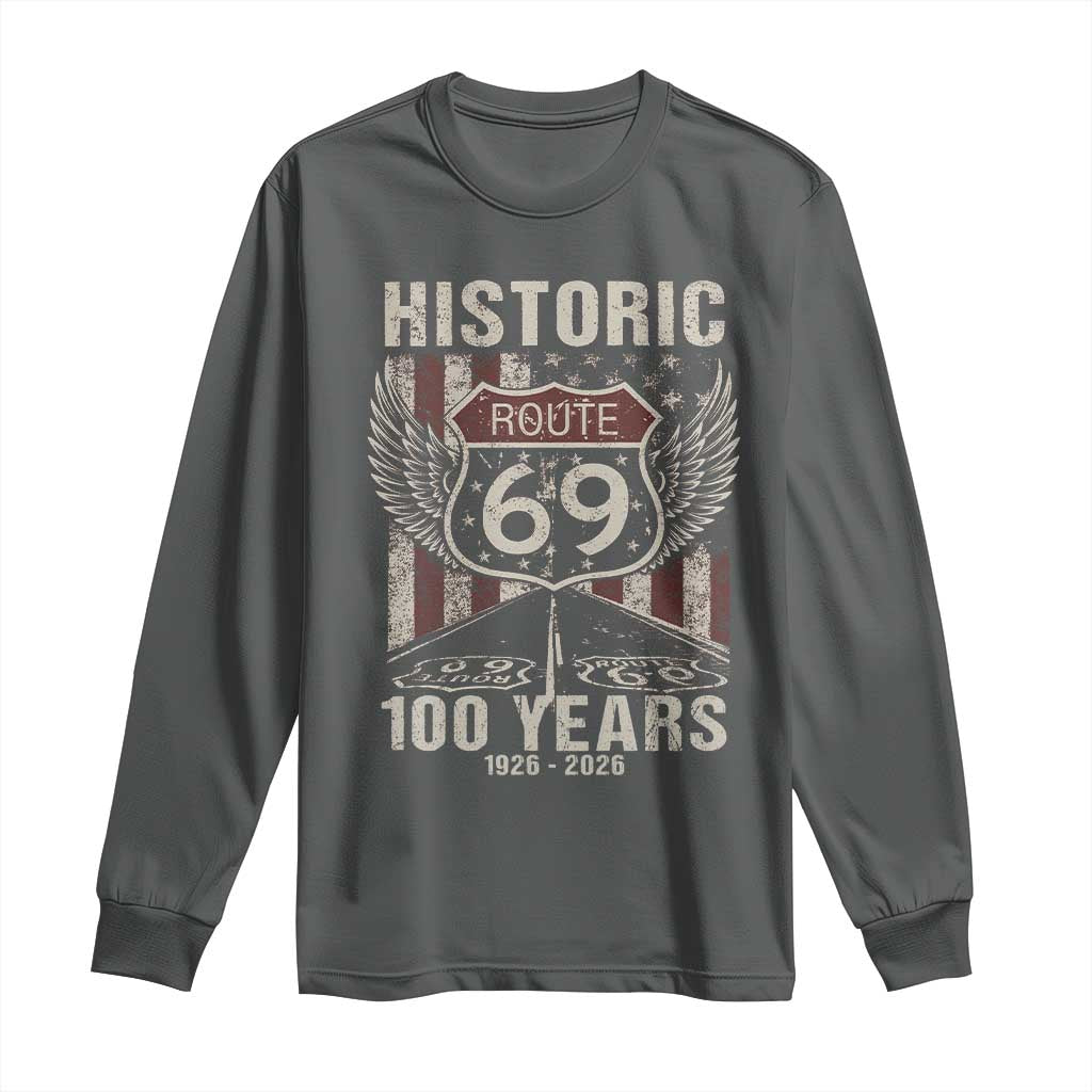 Historic US Route 69 100 Years Anniversary Long Sleeve Shirt Highway Road Sign Wings Vintage American Flag TS11 Dark Heather Print Your Wear