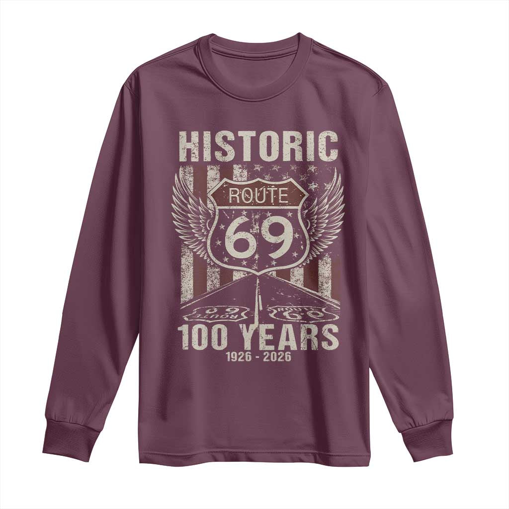 Historic US Route 69 100 Years Anniversary Long Sleeve Shirt Highway Road Sign Wings Vintage American Flag TS11 Maroon Print Your Wear