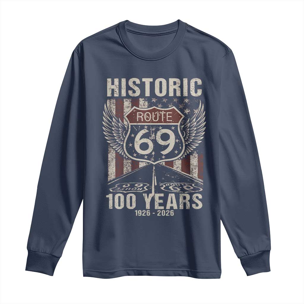 Historic US Route 69 100 Years Anniversary Long Sleeve Shirt Highway Road Sign Wings Vintage American Flag TS11 Navy Print Your Wear