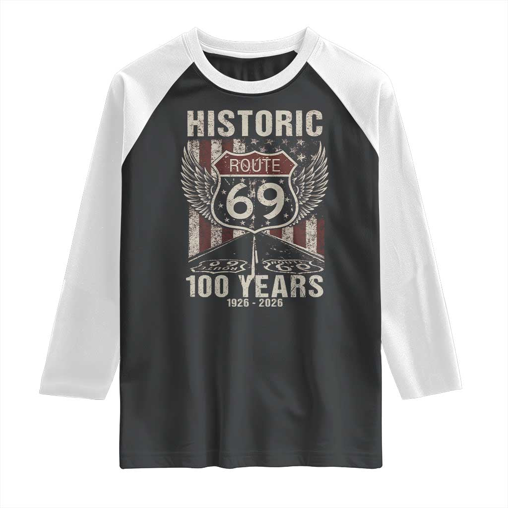 Historic US Route 69 100 Years Anniversary Raglan Shirt Highway Road Sign Wings Vintage American Flag TS11 Black White Print Your Wear