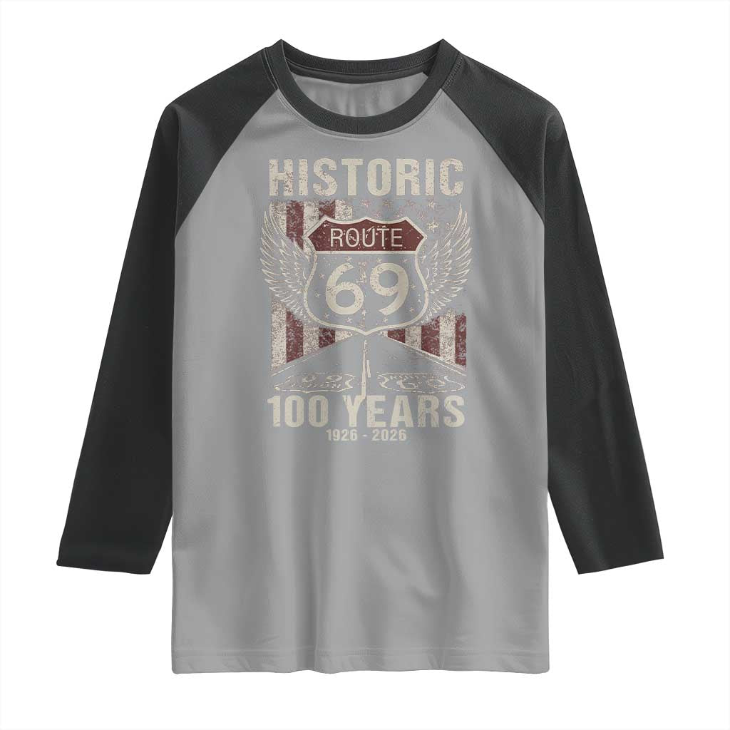 Historic US Route 69 100 Years Anniversary Raglan Shirt Highway Road Sign Wings Vintage American Flag TS11 Sport Gray Black Print Your Wear
