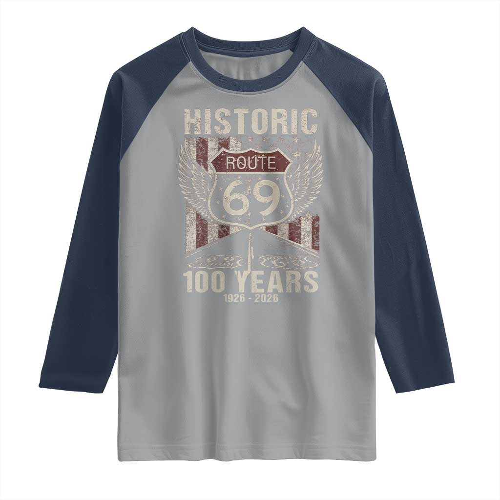Historic US Route 69 100 Years Anniversary Raglan Shirt Highway Road Sign Wings Vintage American Flag TS11 Sport Gray Navy Print Your Wear