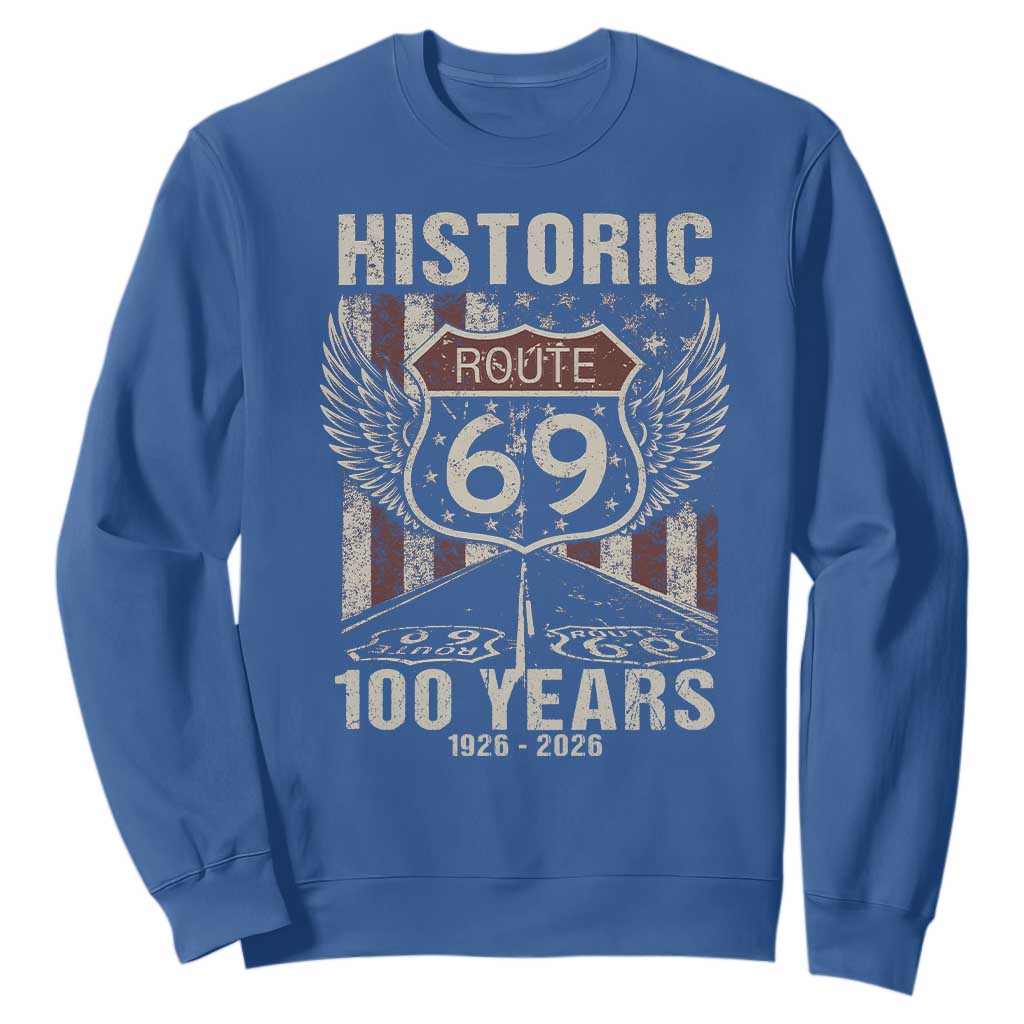 Historic US Route 69 100 Years Anniversary Sweatshirt Highway Road Sign Wings Vintage American Flag TS11 Royal Blue Print Your Wear
