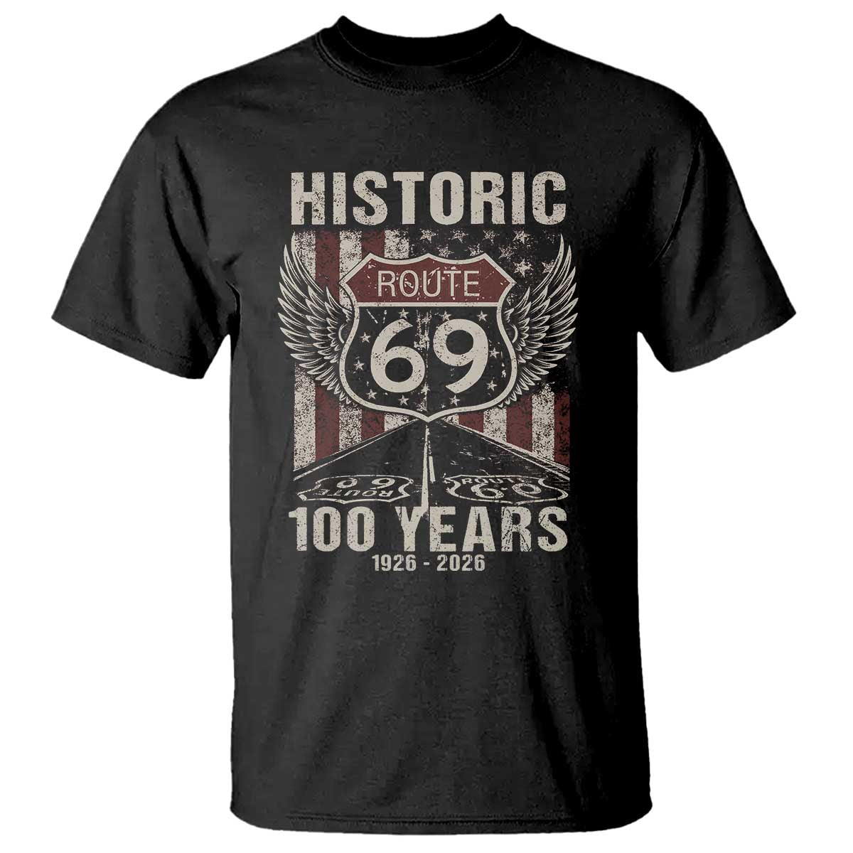 Historic US Route 69 100 Years Anniversary T Shirt Highway Road Sign Wings Vintage American Flag TS11 Black Print Your Wear