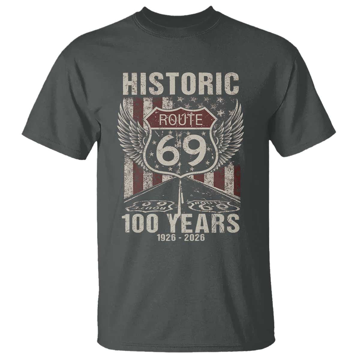 Historic US Route 69 100 Years Anniversary T Shirt Highway Road Sign Wings Vintage American Flag TS11 Dark Heather Print Your Wear