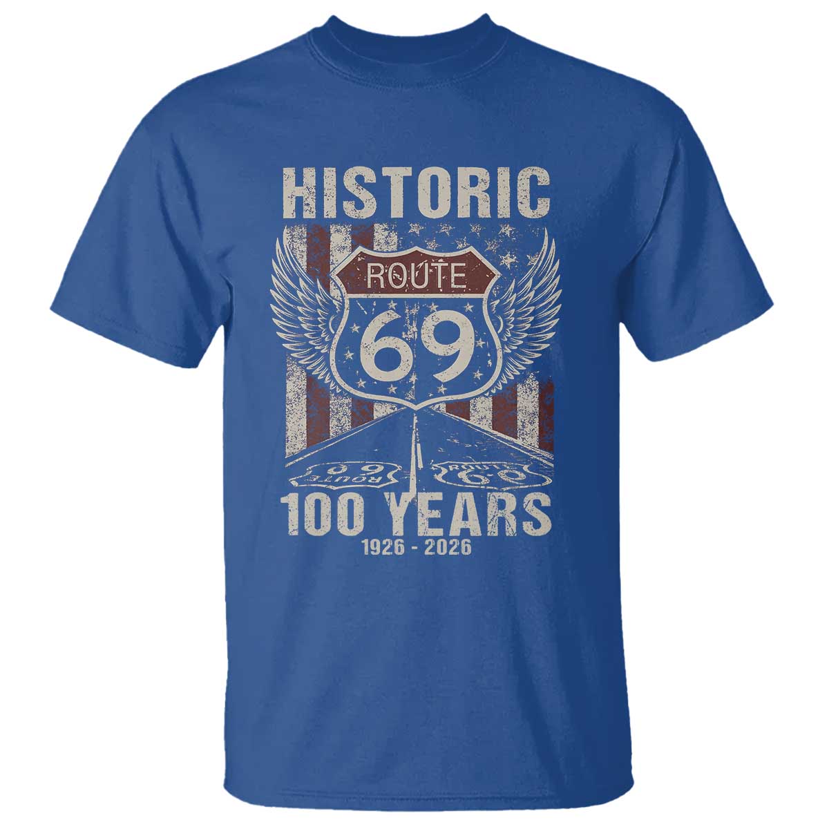 Historic US Route 69 100 Years Anniversary T Shirt Highway Road Sign Wings Vintage American Flag TS11 Royal Blue Print Your Wear
