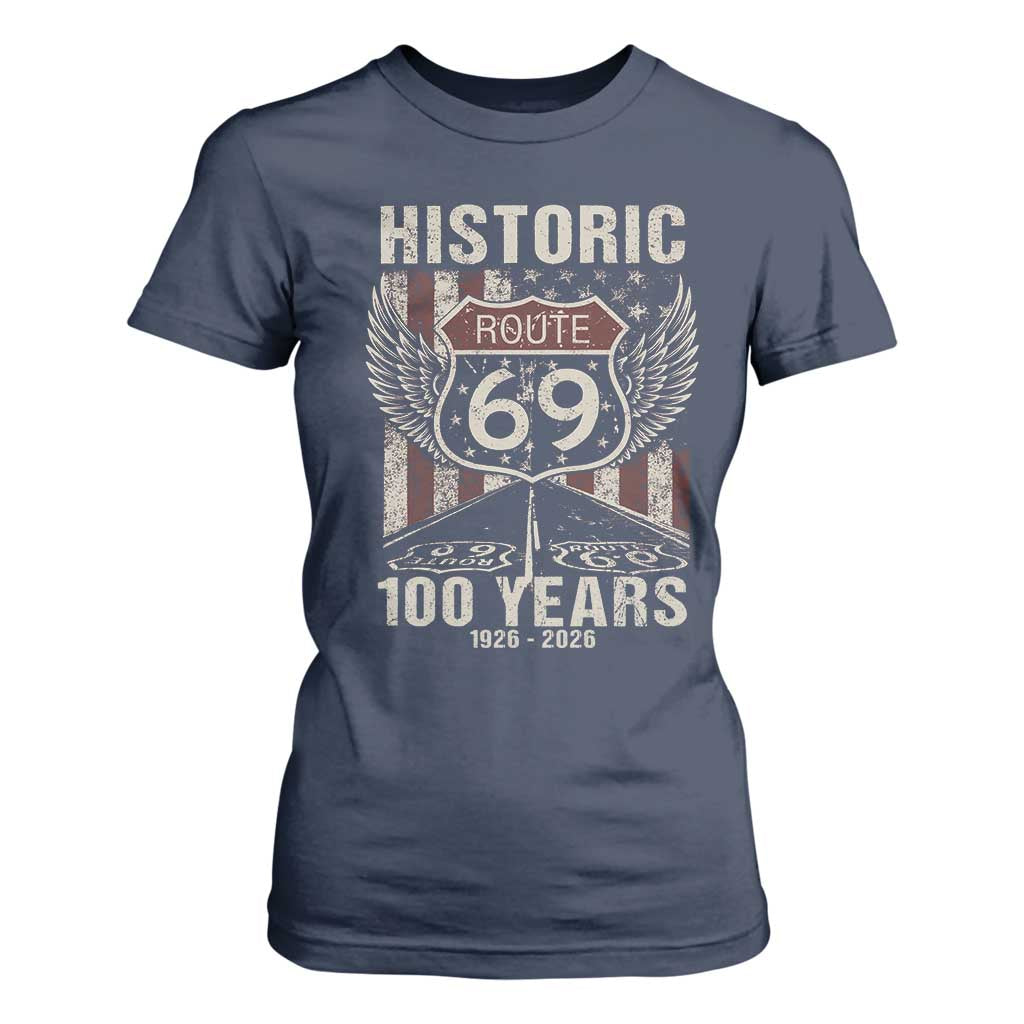 Historic US Route 69 100 Years Anniversary T Shirt For Women Highway Road Sign Wings Vintage American Flag TS11 Navy Print Your Wear