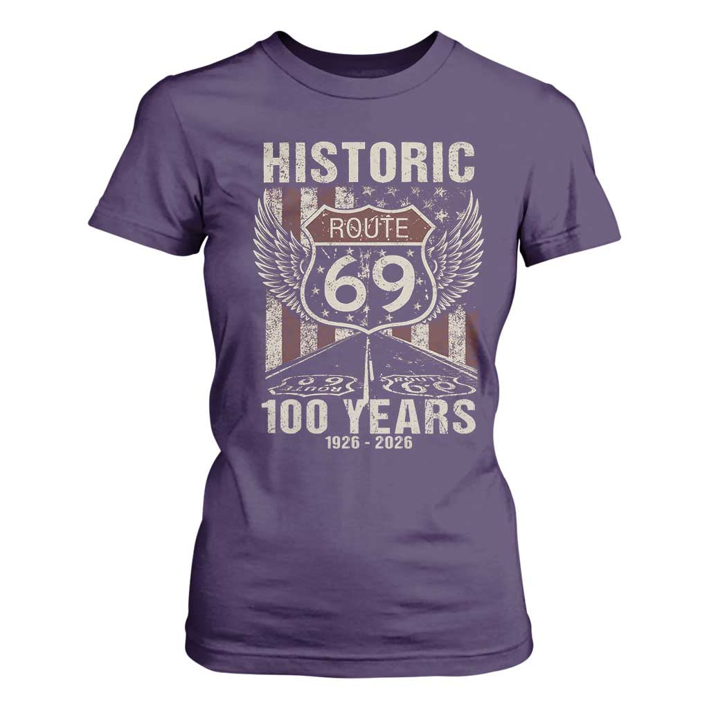 Historic US Route 69 100 Years Anniversary T Shirt For Women Highway Road Sign Wings Vintage American Flag TS11 Purple Print Your Wear