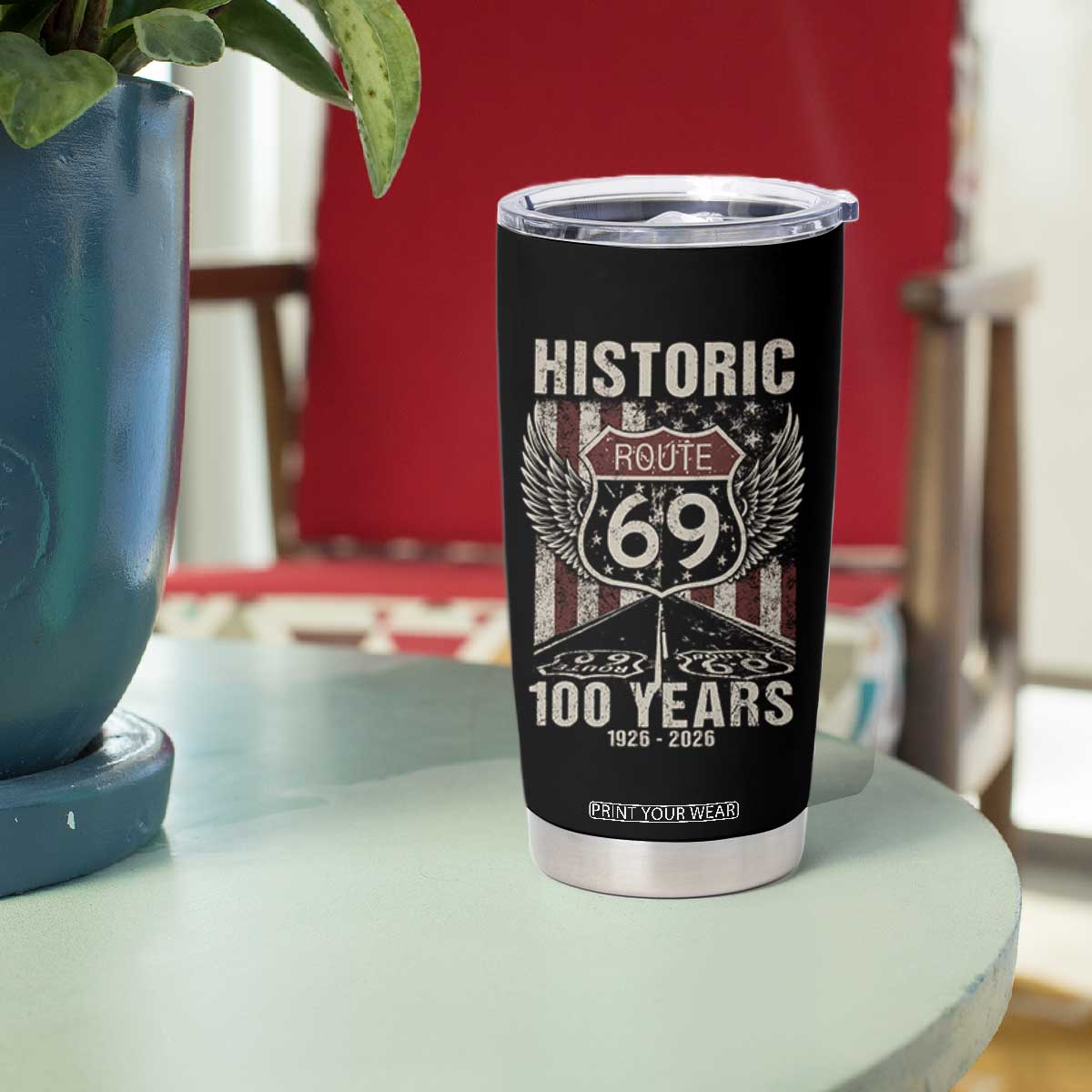 Historic US Route 69 100 Years Anniversary Tumbler Cup Highway Road Sign Wings Vintage American Flag TS11 Print Your Wear