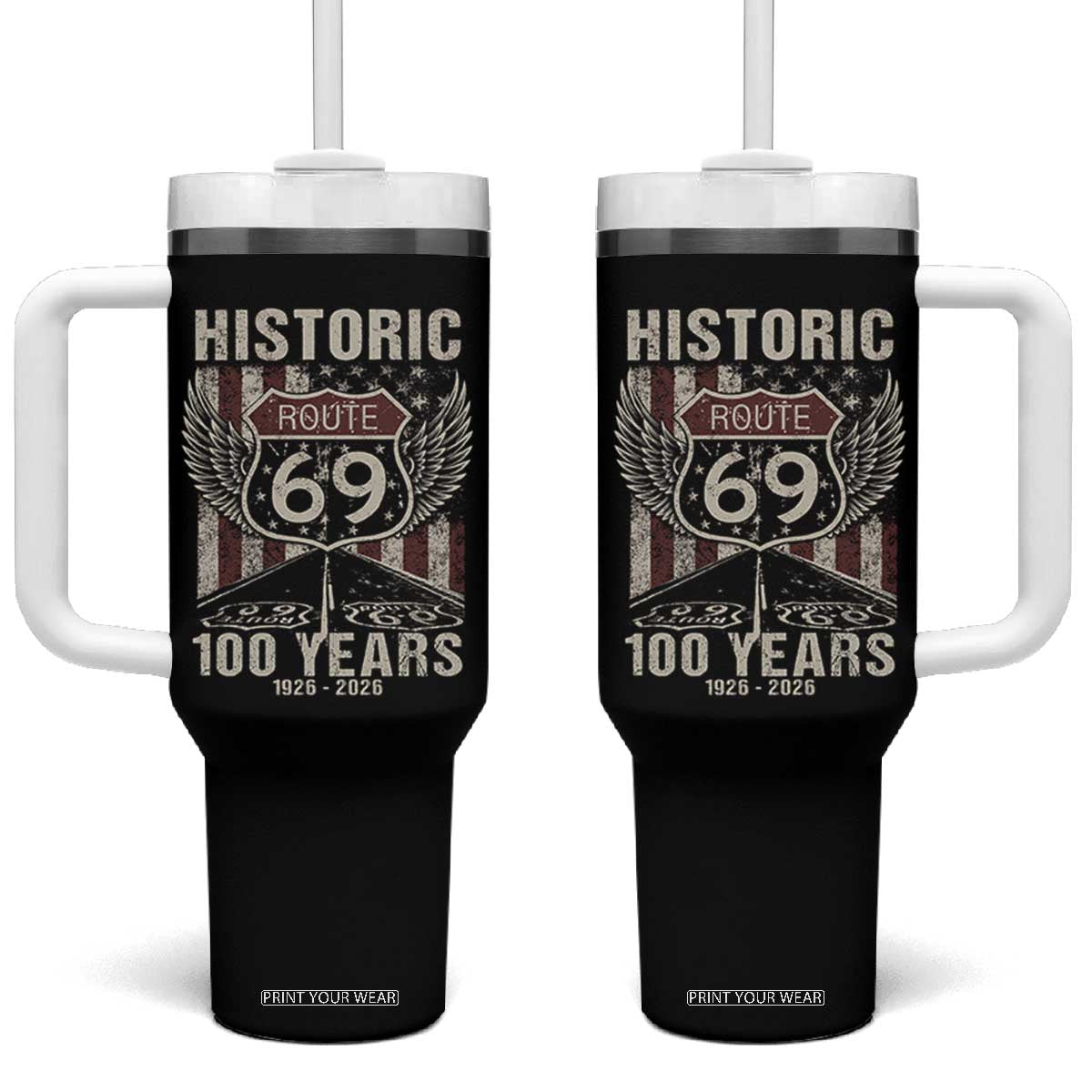 Historic US Route 69 100 Years Anniversary Tumbler With Handle Highway Road Sign Wings Vintage American Flag TS11 One Size: 40 oz Black Print Your Wear