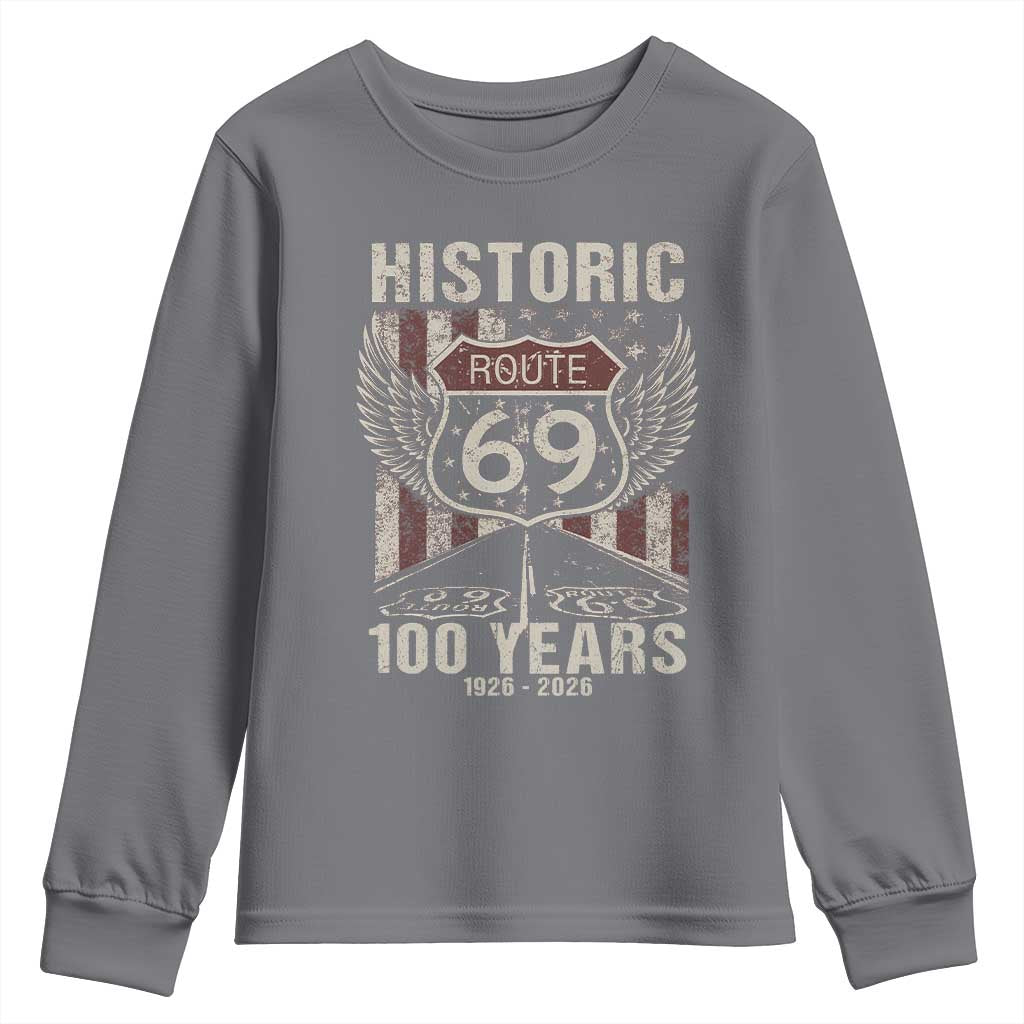 Historic US Route 69 100 Years Anniversary Youth Sweatshirt Highway Road Sign Wings Vintage American Flag TS11 Charcoal Print Your Wear