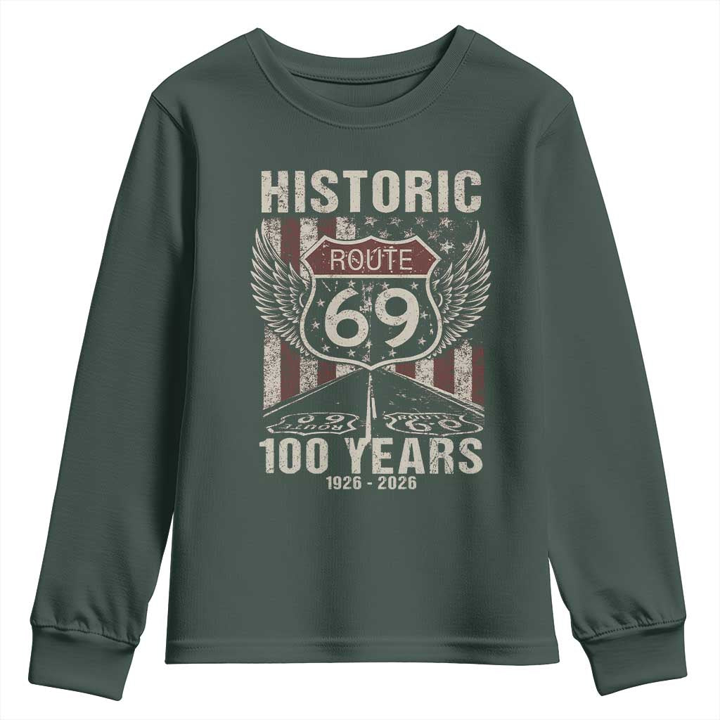Historic US Route 69 100 Years Anniversary Youth Sweatshirt Highway Road Sign Wings Vintage American Flag TS11 Dark Forest Green Print Your Wear