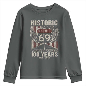 Historic US Route 69 100 Years Anniversary Youth Sweatshirt Highway Road Sign Wings Vintage American Flag TS11 Dark Heather Print Your Wear