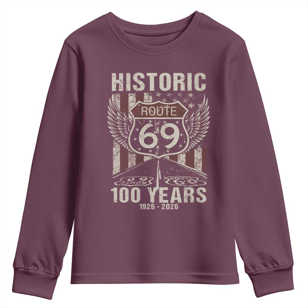 Historic US Route 69 100 Years Anniversary Youth Sweatshirt Highway Road Sign Wings Vintage American Flag TS11 Maroon Print Your Wear