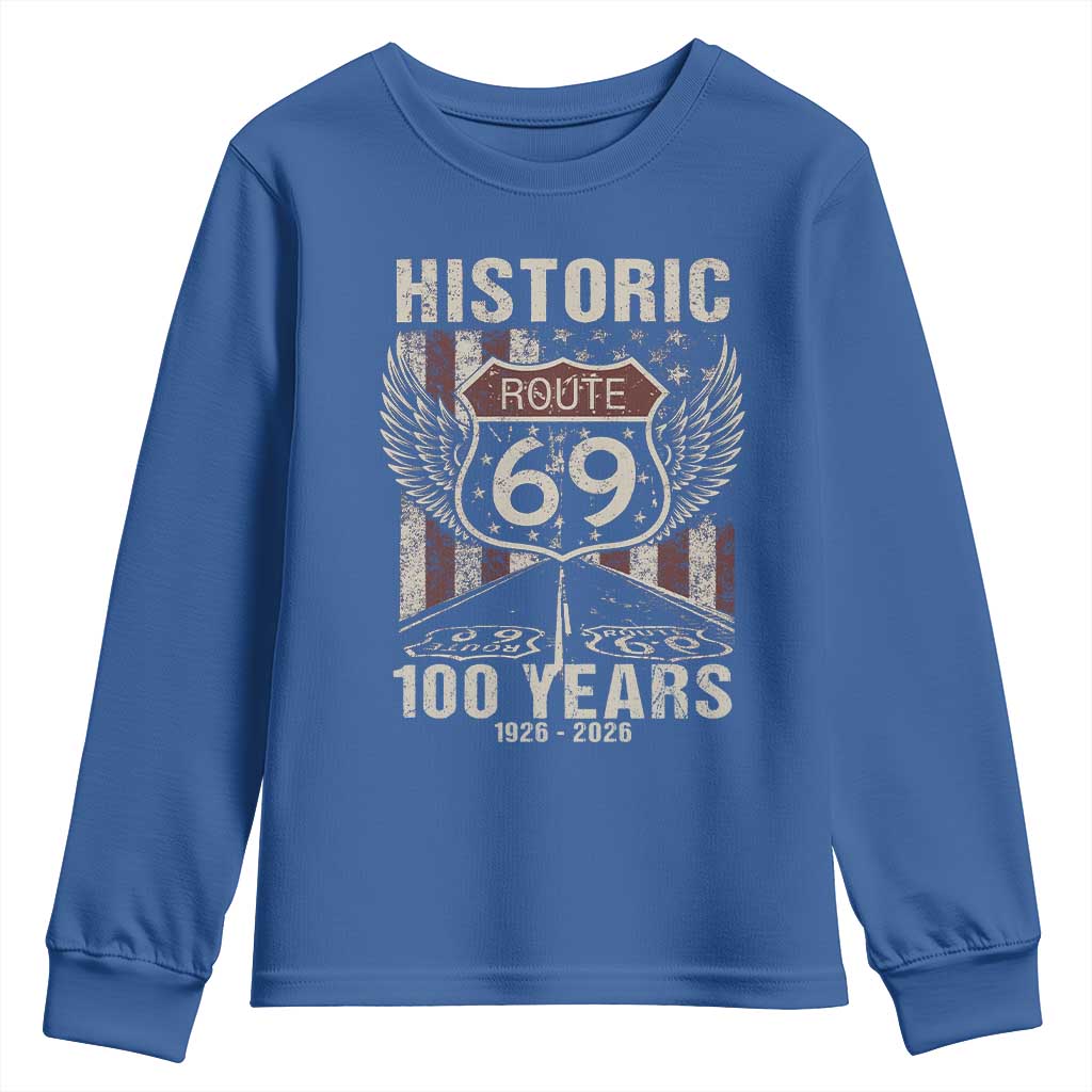 Historic US Route 69 100 Years Anniversary Youth Sweatshirt Highway Road Sign Wings Vintage American Flag TS11 Royal Blue Print Your Wear