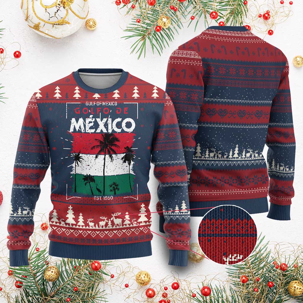 Golfo De Mexico EST 1550 Knit Sweatshirt Vintage Mexican Flag Palm Tree TS11 Burgundy Print Your Wear